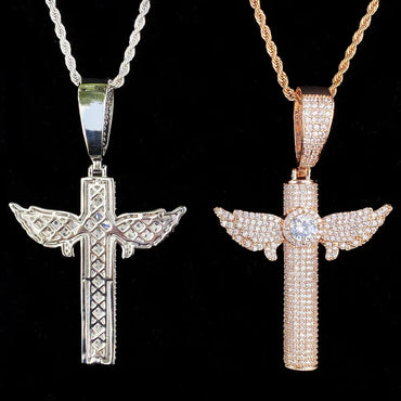 Iced Out Micro Winged Cross Pendant | Unisex Minimalist "Mini" Necklace - CaratixJewelry
