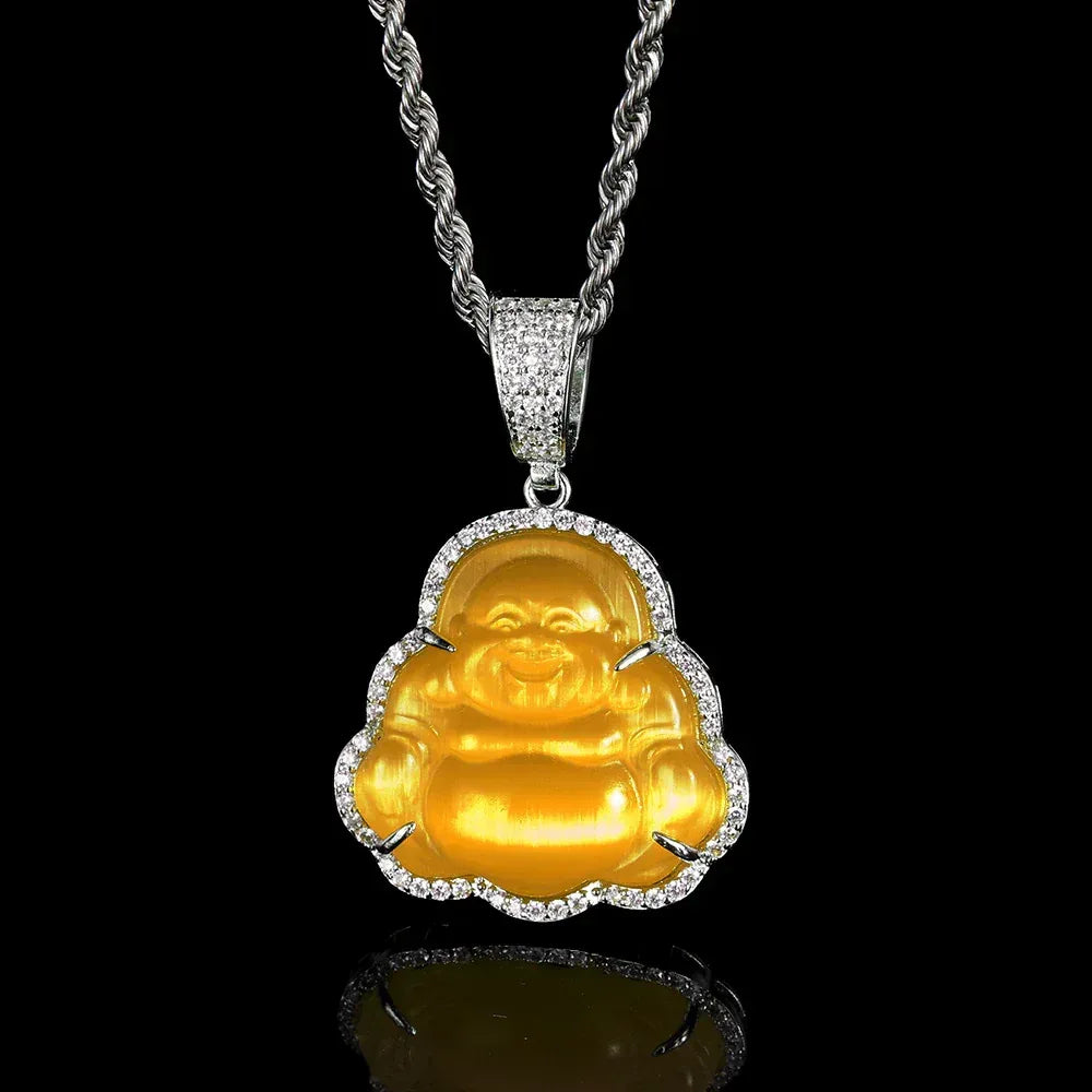 Custom Cat's Eye Stone Maitreya Buddha Pendant Necklace with Zircon Stones for Men and Women | Caratix Jewelry - CaratixJewelry