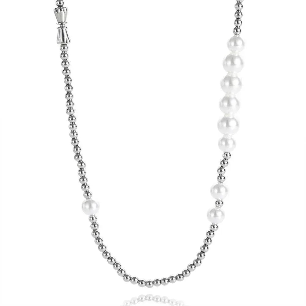 Pearl Beaded Necklace Stainless Steel Ball Chain Vintage Design | Caratix Jewelry - CaratixJewelry