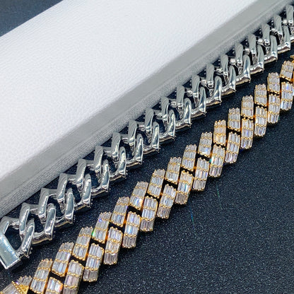 18mm Triple Row Moissanite Cuban Link Chain | Baguette & Round Cut Mix | Caratix