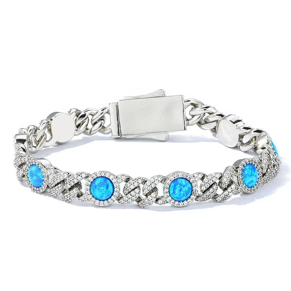 8mm Blue Gemstone Opal Zircon Hip Hop Jewelry Cuban Bracelet - CaratixJewelry