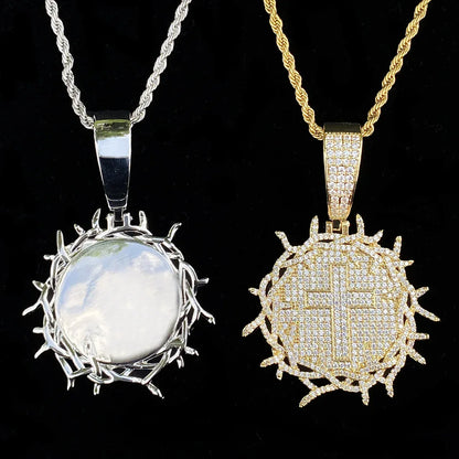 Iced Out Thorns Disc Cross Pendant | Men's Real Copper CZ Shield Necklace - CaratixJewelry