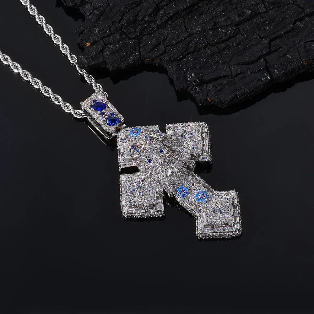 Custom Pendant Necklace with Portrait & Blue Flower Cross | Iced-Out Art Jewelry | Caratix - CaratixJewelry