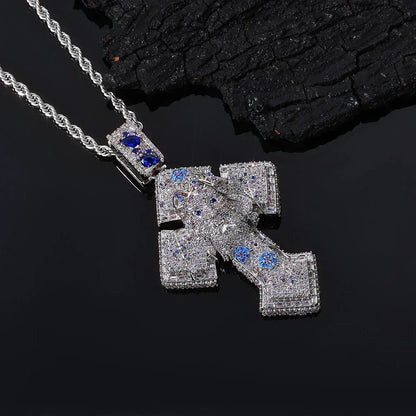 Custom Pendant Necklace with Portrait & Blue Flower Cross | Iced-Out Art Jewelry | Caratix - CaratixJewelry