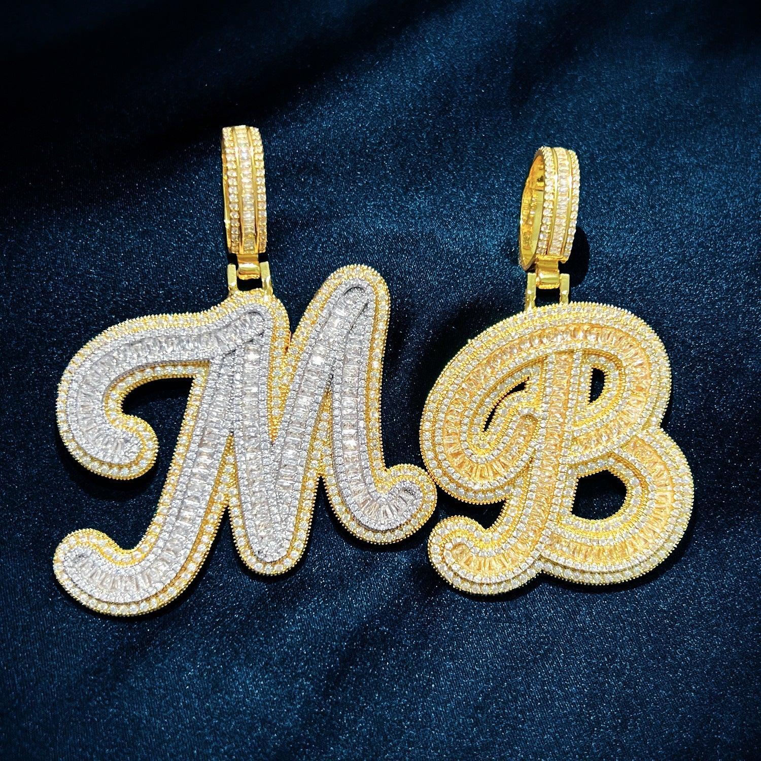 Baguette Script Letter Pendant | CZ Iced Out Hip Hop Unisex Streetwear Necklace - CaratixJewelry