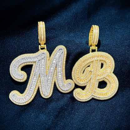 Baguette Script Letter Pendant | CZ Iced Out Hip Hop Unisex Streetwear Necklace - CaratixJewelry