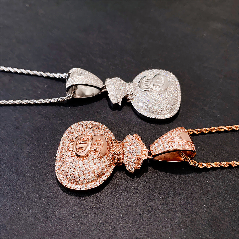 Iced Out Money Bag Pendant | Men's Gold Plated Hip Hop Money Sack Charm | Caratix