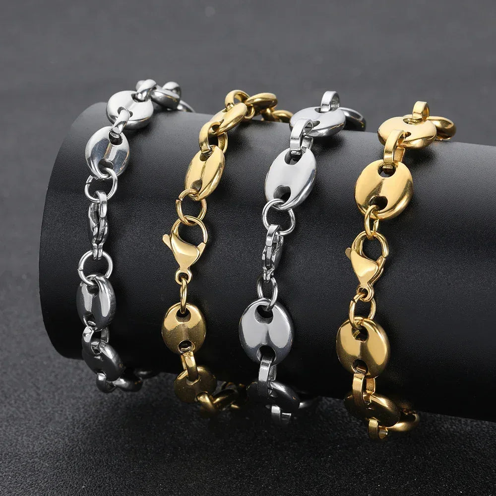 Custom 8mm Coffee Bean Necklace with Lobster Clasp & Stainless Steel Pig Nose Button | Caratix Jewelry - CaratixJewelry