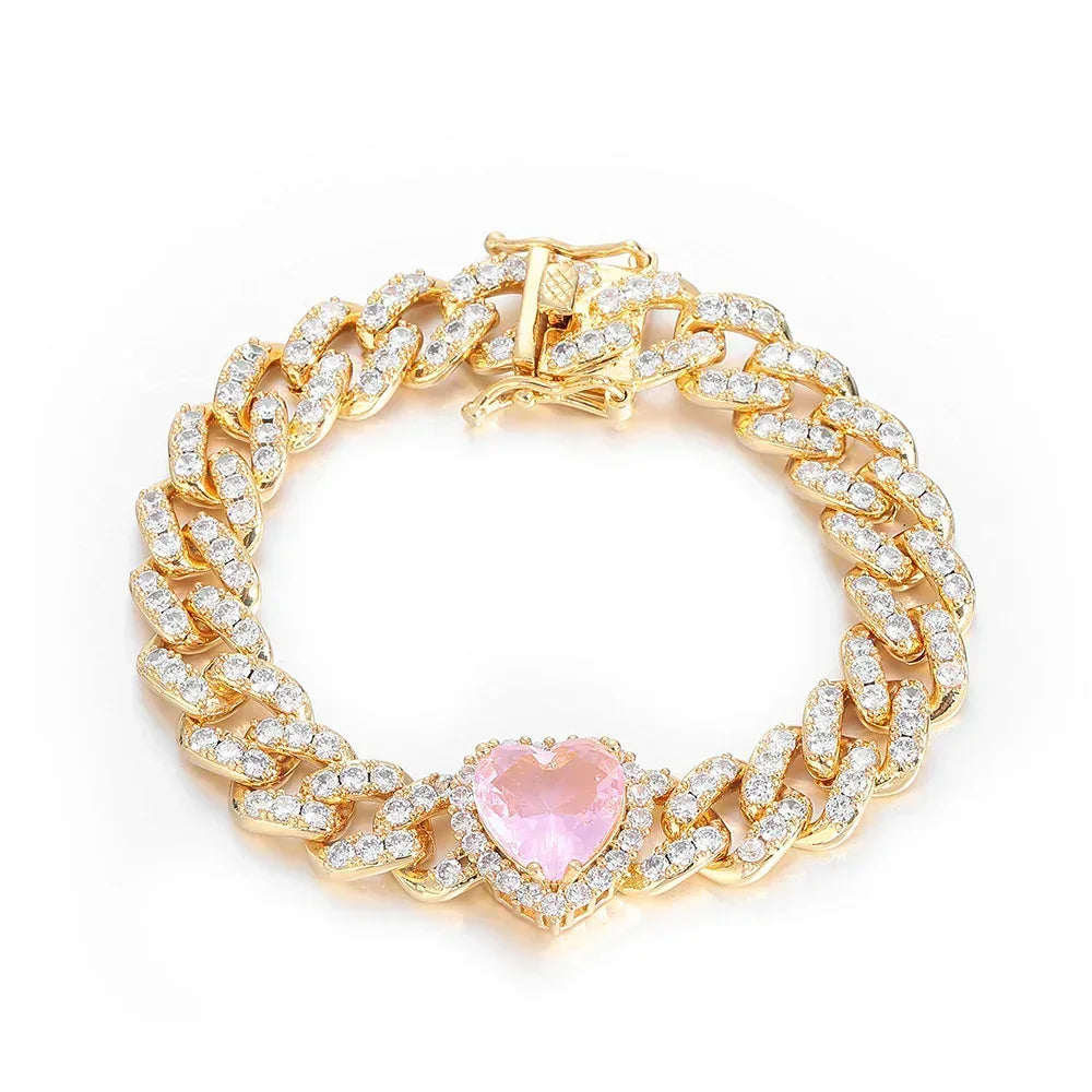 10mm Pink Zircon Heart Cuban Link Bracelet - CaratixJewelry