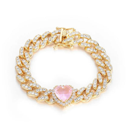 10mm Pink Zircon Heart Cuban Link Bracelet - CaratixJewelry