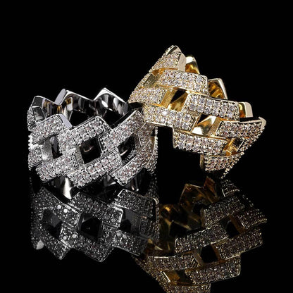 14mm -Shaped Cuban Ring with Double Row Zircon Stones and 18K Gold Plating for Men | Trendy Hip Hop Jewelry | Caratix Jewelry - CaratixJewelry