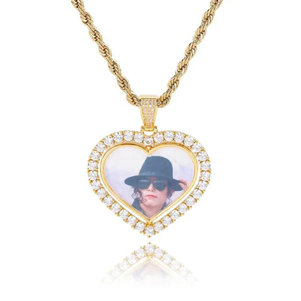 Custom Double-Sided Heart Rotating Photo Pendant Necklace with Zircon Stones for Men and Women | Caratix Jewelry - CaratixJewelry
