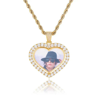 Custom Double-Sided Heart Rotating Photo Pendant Necklace with Zircon Stones for Men and Women | Caratix Jewelry - CaratixJewelry