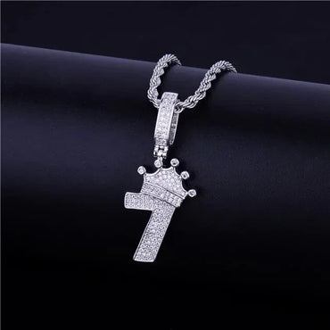 Luxury Iced Out Crown Number 7 Pendant | Lucky 7 Men's Hip Hop Necklace | Premium Copper CZ King Jewelry | CR7 Style Bling | Caratix - CaratixJewelry
