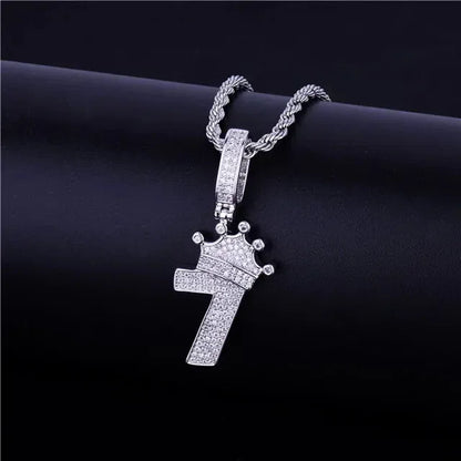 Luxury Iced Out Crown Number 7 Pendant | Lucky 7 Men's Hip Hop Necklace | Premium Copper CZ King Jewelry | CR7 Style Bling | Caratix - CaratixJewelry