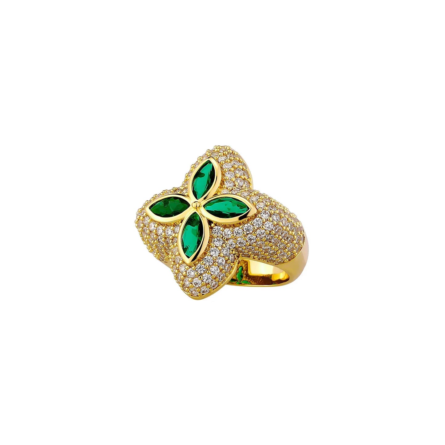 Men's Iced Out Four-Leaf Clover Ring | Flower Motif Hip Hop Band | Caratix