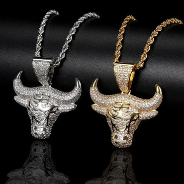Bull Head Pendant Necklace with Copper Frame and Zircon Stones for Men | Caratix Jewelry - CaratixJewelry