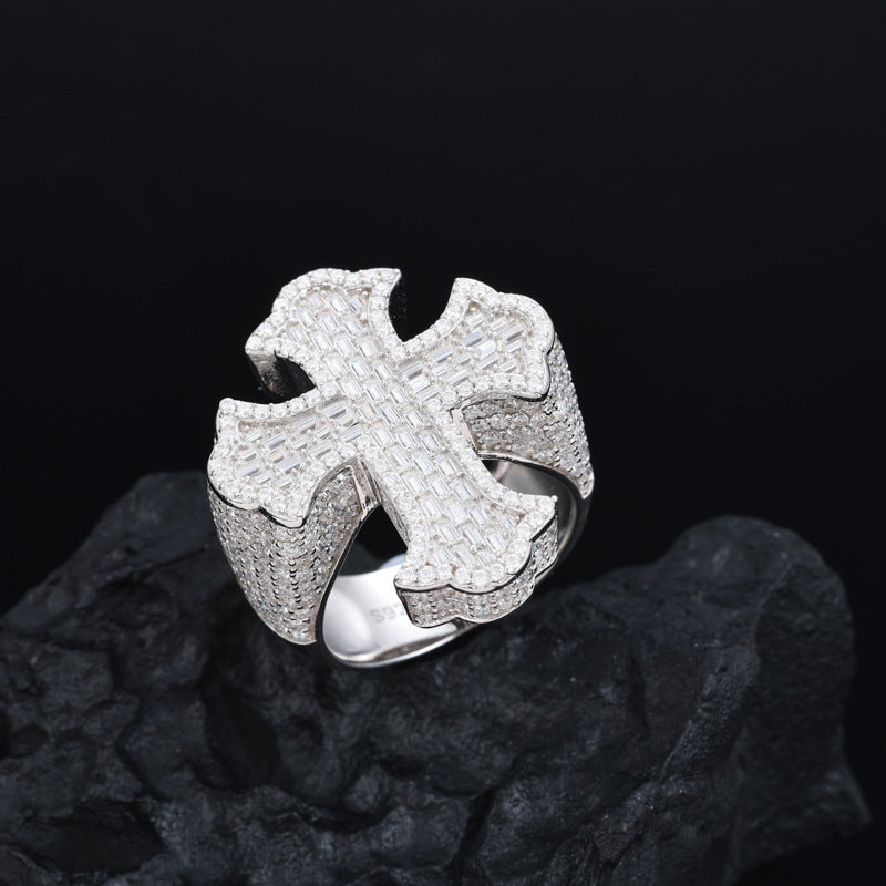 Baguette Moissanite Cross Ring S925 Hip Hop Band | Caratix
