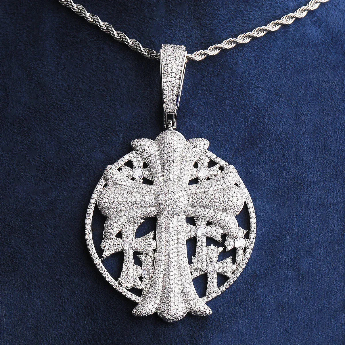 Iced Out Cross Medallion Pendant | Men's Round Disc Necklace - CaratixJewelry