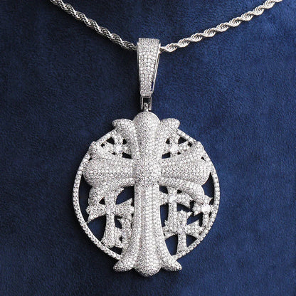 Iced Out Cross Medallion Pendant | Men's Round Disc Necklace - CaratixJewelry