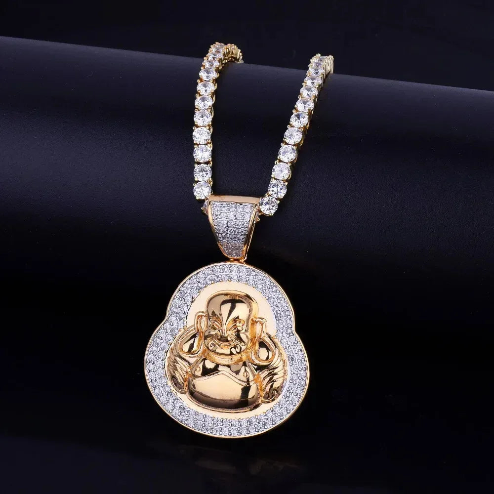 Iced Out Laughing Buddha Pendant | Men's Lucky Hip Hop Necklace | Premium Copper CZ Maitreya Jewelry | Wealth & Good Fortune | Caratix - CaratixJewelry