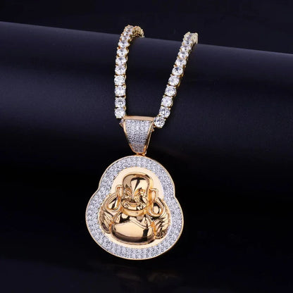 Iced Out Laughing Buddha Pendant | Men's Lucky Hip Hop Necklace | Premium Copper CZ Maitreya Jewelry | Wealth & Good Fortune | Caratix - CaratixJewelry