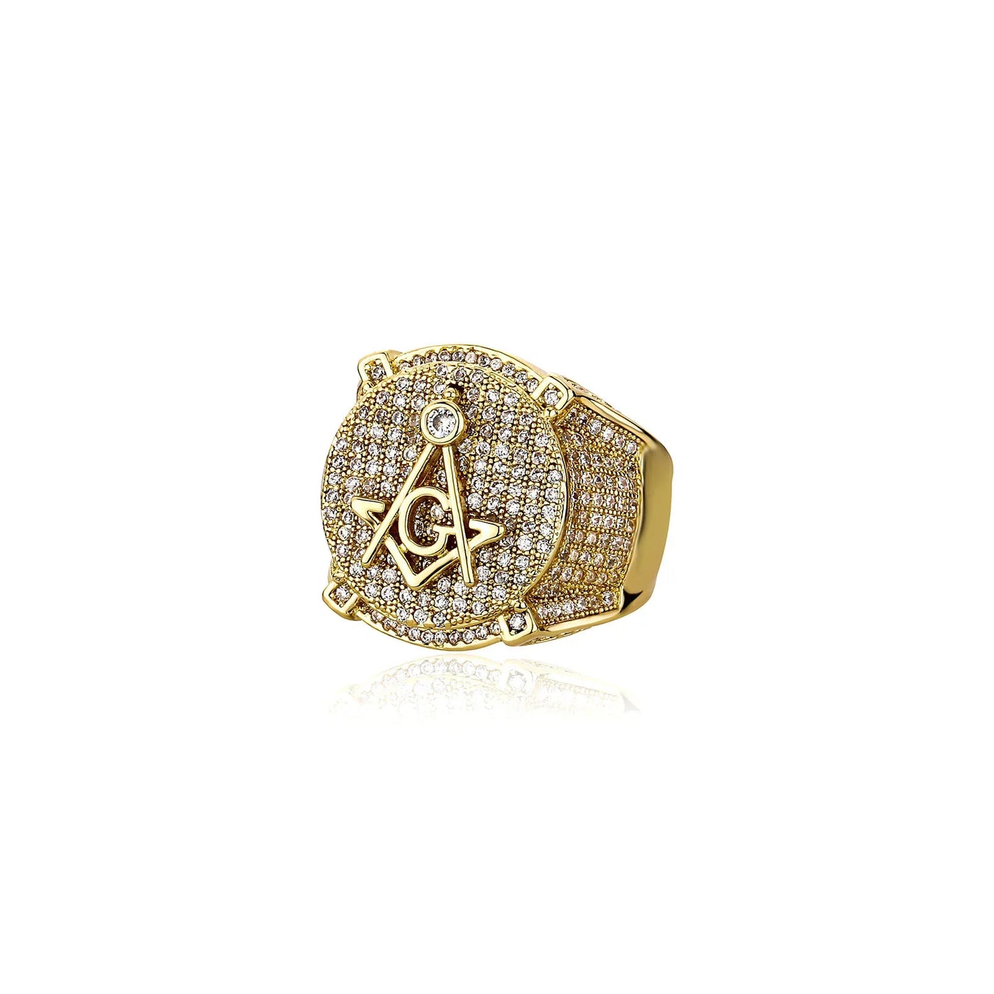 Men's Iced Out Masonic Ring | Retro AG Compass & Square Signet | Caratix