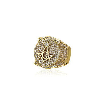 Men's Iced Out Masonic Ring | Retro AG Compass & Square Signet | Caratix