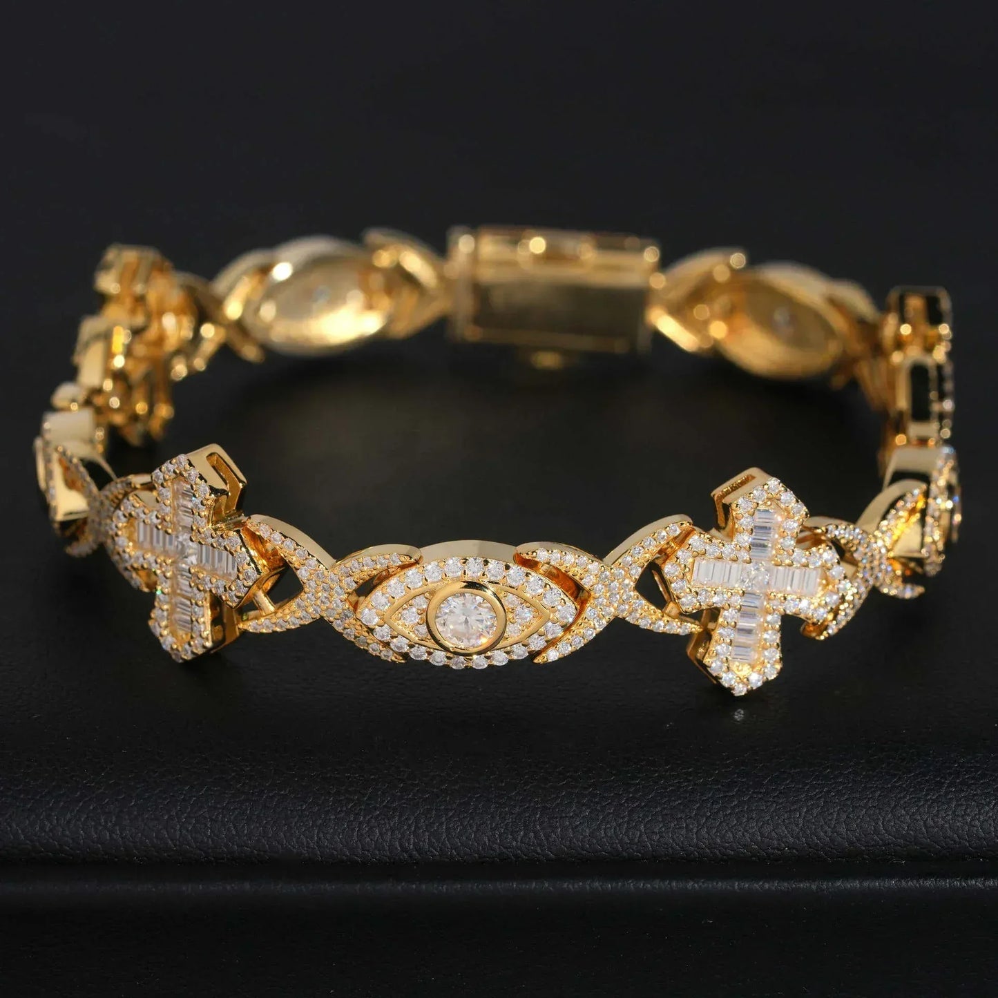 14mm Moissanite Cuban Link Bracelet with Cross & Eye Design – S925 Sterling Silver Iced-Out Hip Hop Streetwear Jewelry - CaratixJewelry