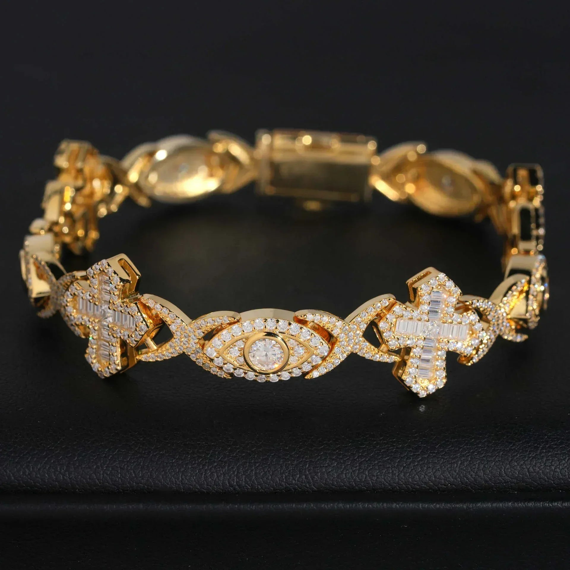 14mm Moissanite Cuban Link Bracelet with Cross & Eye Design – S925 Sterling Silver Iced-Out Hip Hop Streetwear Jewelry - CaratixJewelry