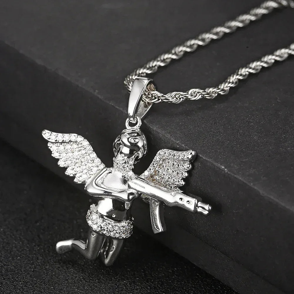 RevengeAngel Gun Pendant Hip Hop Necklace with Micro-Pave Zircon for Men | Caratix Jewelry - CaratixJewelry
