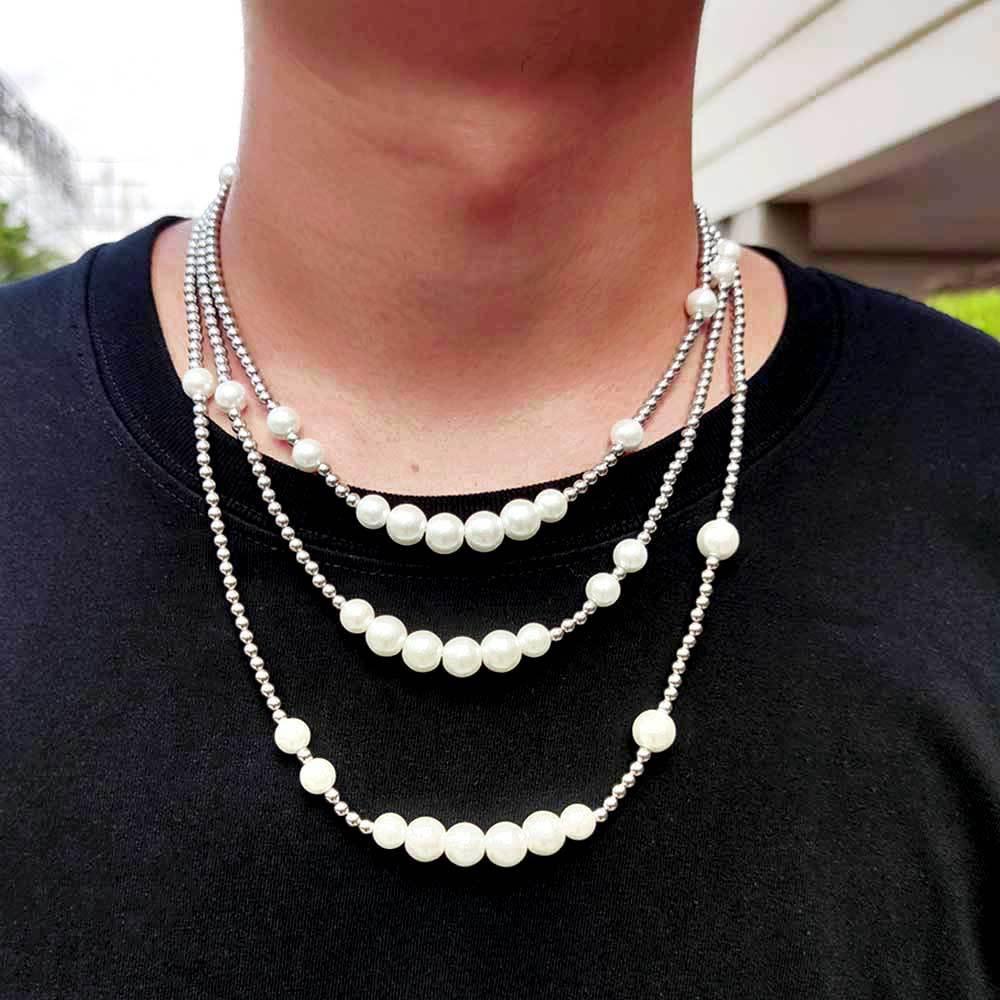 Pearl Beaded Necklace Stainless Steel Ball Chain Vintage Design | Caratix Jewelry - CaratixJewelry