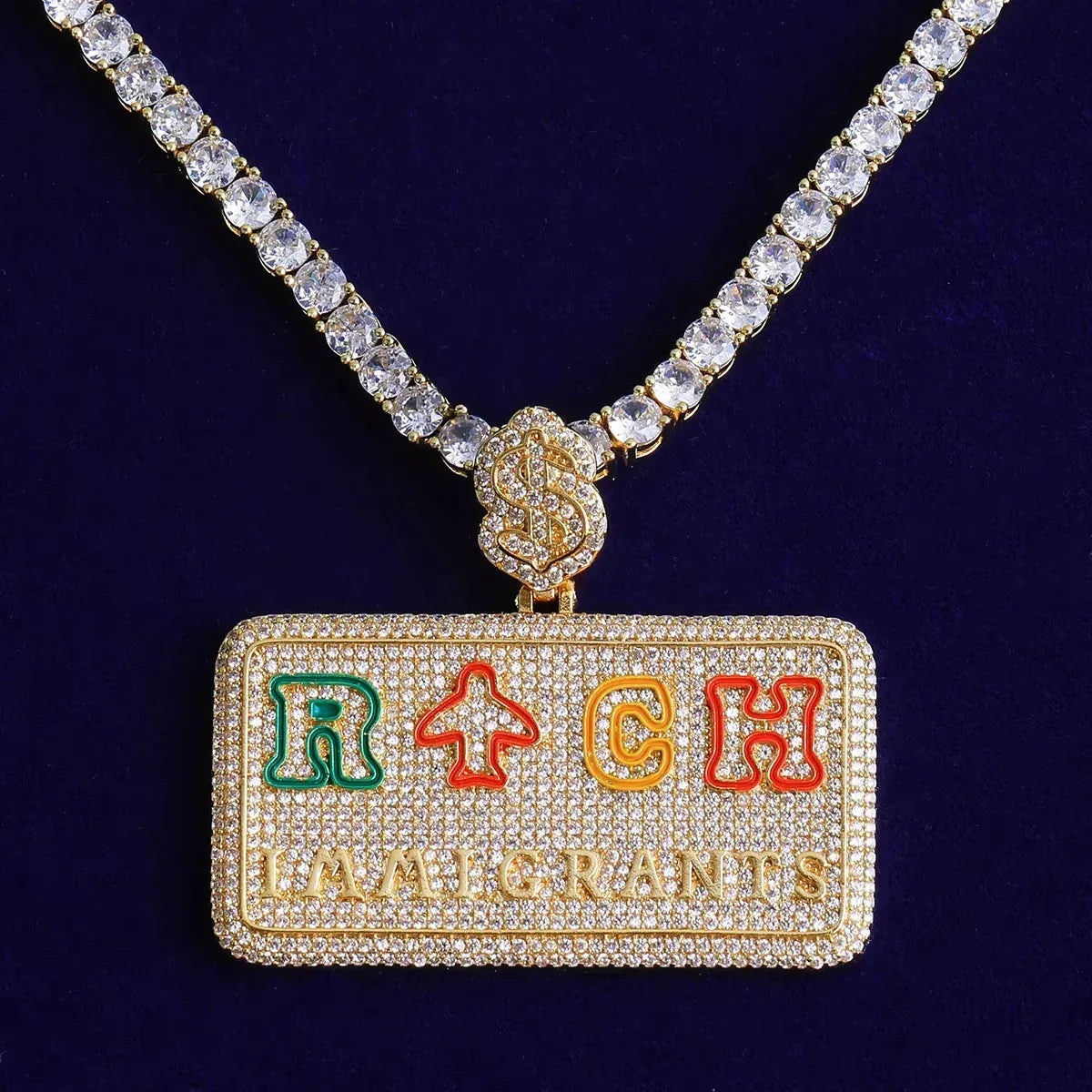 Iced Out Dollar Buckle "RICH" Square Pendant | Men's Wealth Medallion - CaratixJewelry