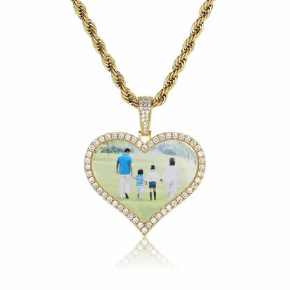 Custom Heart Photo Pendant Necklace with Zircon Stones for Men | Caratix Jewelry - CaratixJewelry