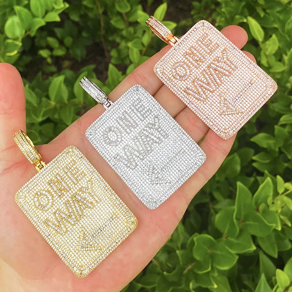 Iced Out "ONE WAY" Rectangular Pendant | Men's Real Copper CZ Plaque Necklace - CaratixJewelry