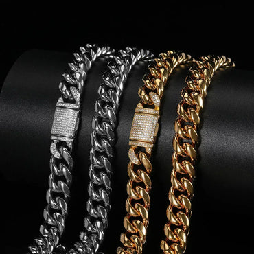 12mm Gold Plated Stainless Steel Cuban Chain Necklace with Polished Titanium Steel for Men | Caratix Jewelry - CaratixJewelry