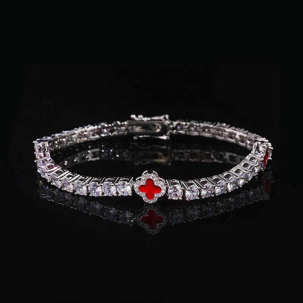 4mm S925 Sterling Silver Color Enamel Clover Bracelet | Iced Out Tennis Chain | Custom Rapper Iced Out Chain Style | Caratix - CaratixJewelry