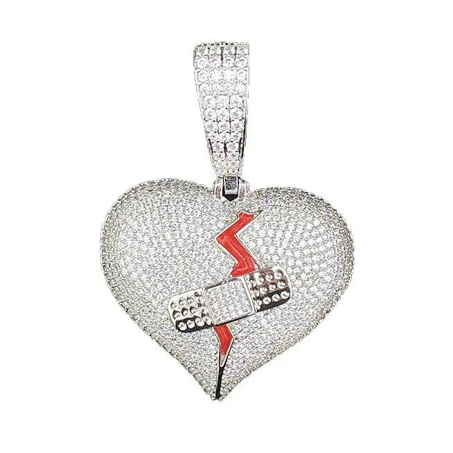 Iced Out "Mended Heart" Band-Aid Pendant | Men's Real Copper Broken Heart Necklace - CaratixJewelry