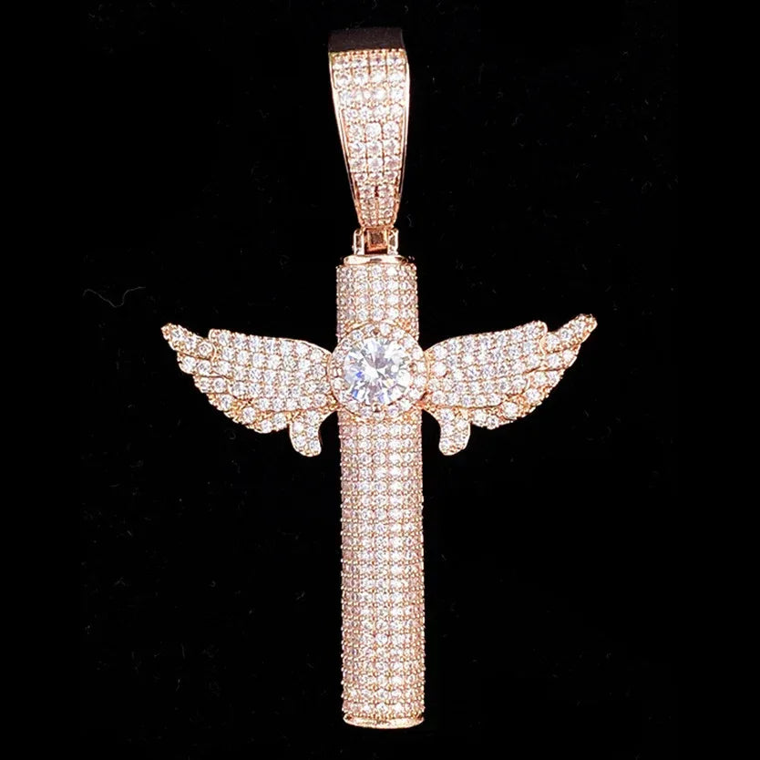 Iced Out Micro Winged Cross Pendant | Unisex Minimalist "Mini" Necklace - CaratixJewelry
