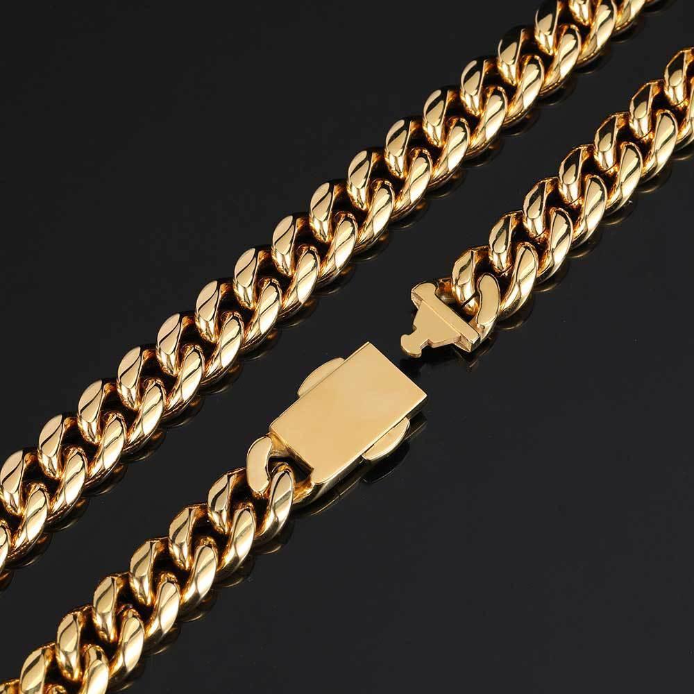 12mm Cuban Chain Necklace with 18K Gold Plating and Spring Clasp for Men | Polished Stainless Steel | Caratix Jewelry - CaratixJewelry