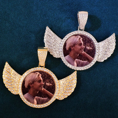 Small Wing Photo Pendant Necklace | CZ Iced Out Custom Picture DIY Couple Jewelry - CaratixJewelry