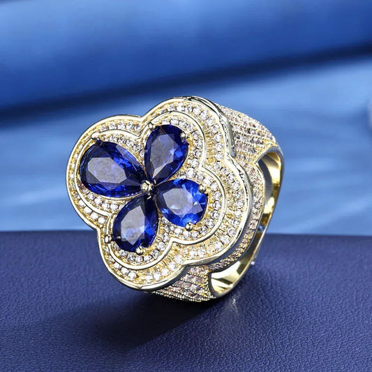 Blue Flower S925 Silver Moissanite Ring Rapper Iced Out Style | Caratix Jewelry - CaratixJewelry