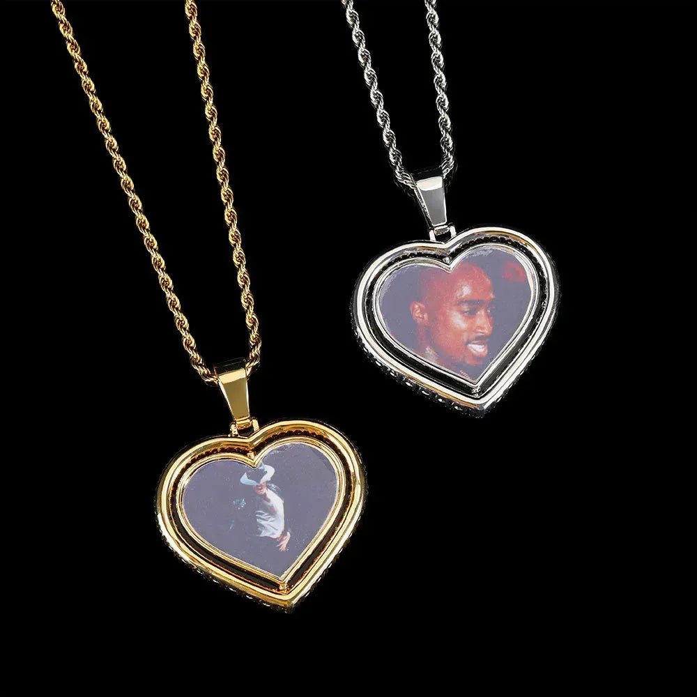 Custom Double-Sided Heart Rotating Photo Pendant Necklace with Zircon Stones for Men and Women | Caratix Jewelry - CaratixJewelry