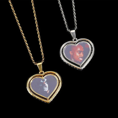 Custom Double-Sided Heart Rotating Photo Pendant Necklace with Zircon Stones for Men and Women | Caratix Jewelry - CaratixJewelry
