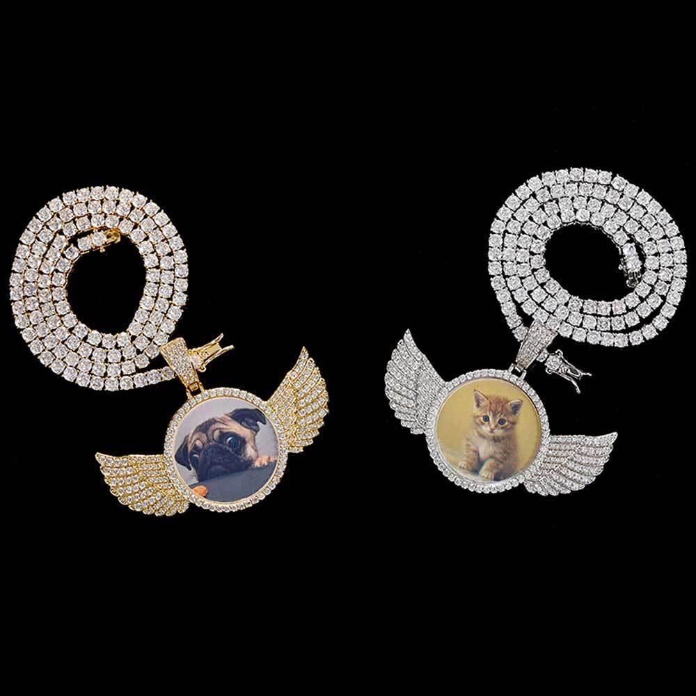 Custom Angel Wings Round Photo Pendant Necklace with Zircon Stones for Men | Caratix Jewelry - CaratixJewelry