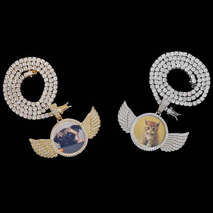 Custom Angel Wings Round Photo Pendant Necklace with Zircon Stones for Men | Caratix Jewelry - CaratixJewelry