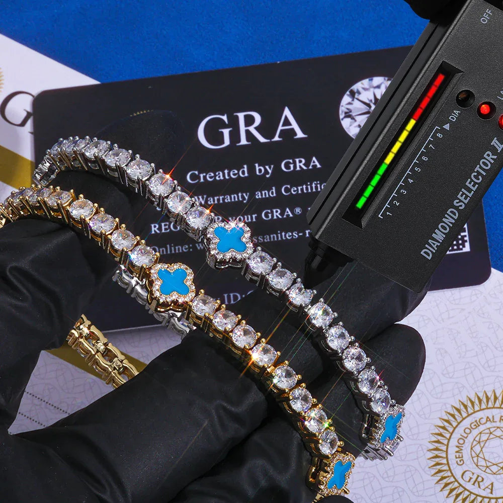 S925 Sterling Silver Moissanite Clover Bracelet | Color Enamel Tennis Chain | Tester Passed Rapper Chain Style | Caratix - CaratixJewelry