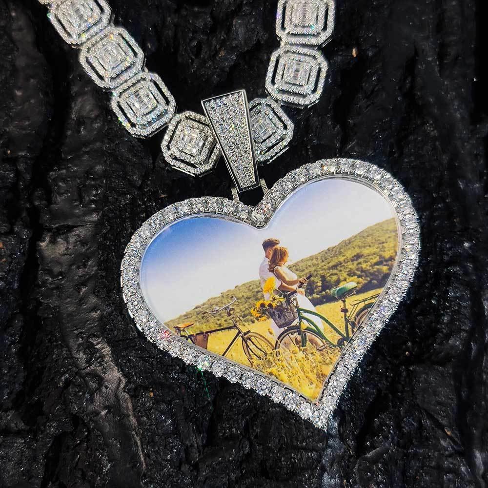 Large Heart Photo Frame Pendant Necklace with DIY Zircon Stones for Men | Caratix Jewelry - CaratixJewelry