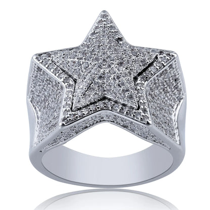 Men's Iced Out 3D Star Ring | Hip Hop Pentagram Signet Band | Caratix
