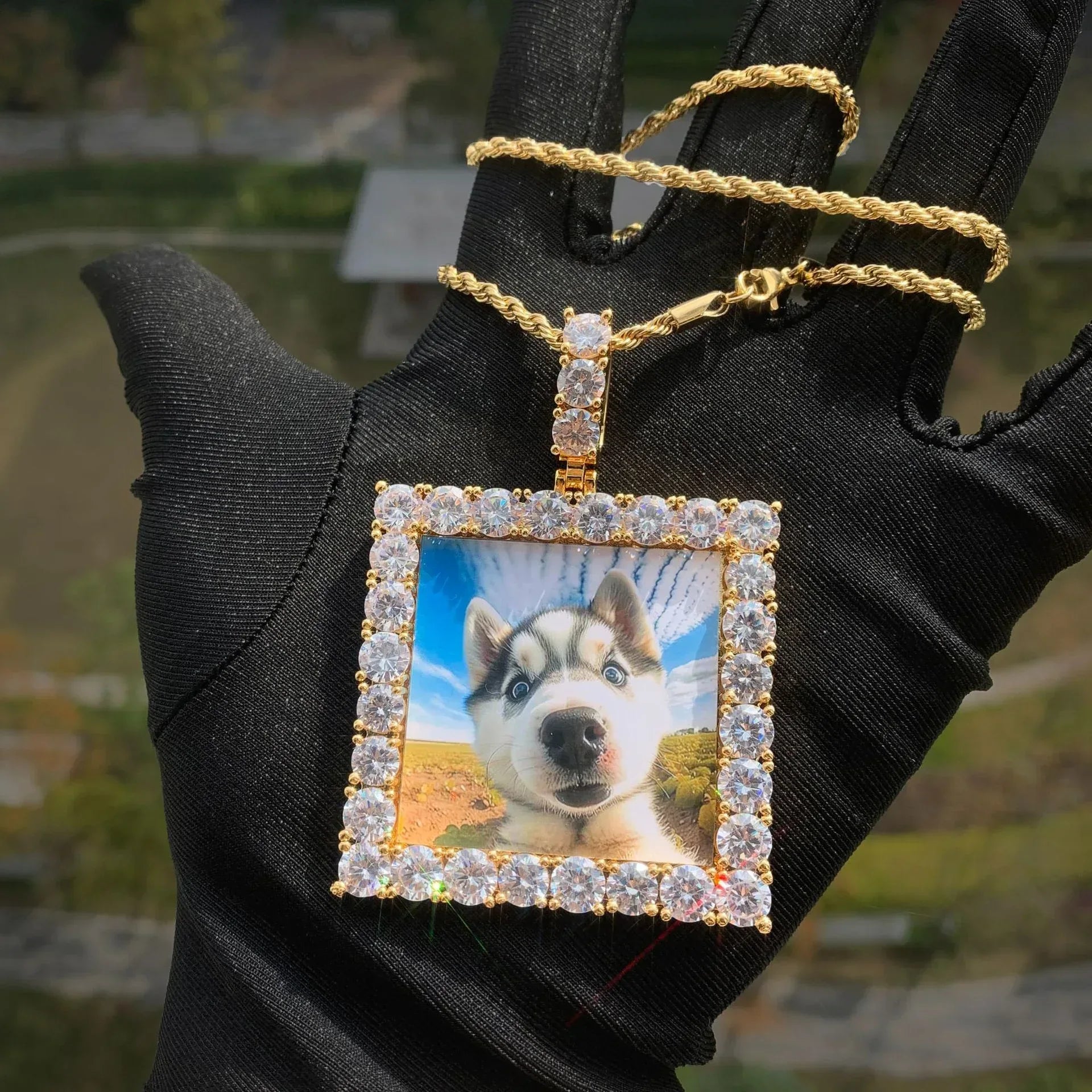 Dog Tag Photo Pendant with Heart Clasp | CZ Iced Out Custom Picture Hip Hop Necklace - CaratixJewelry
